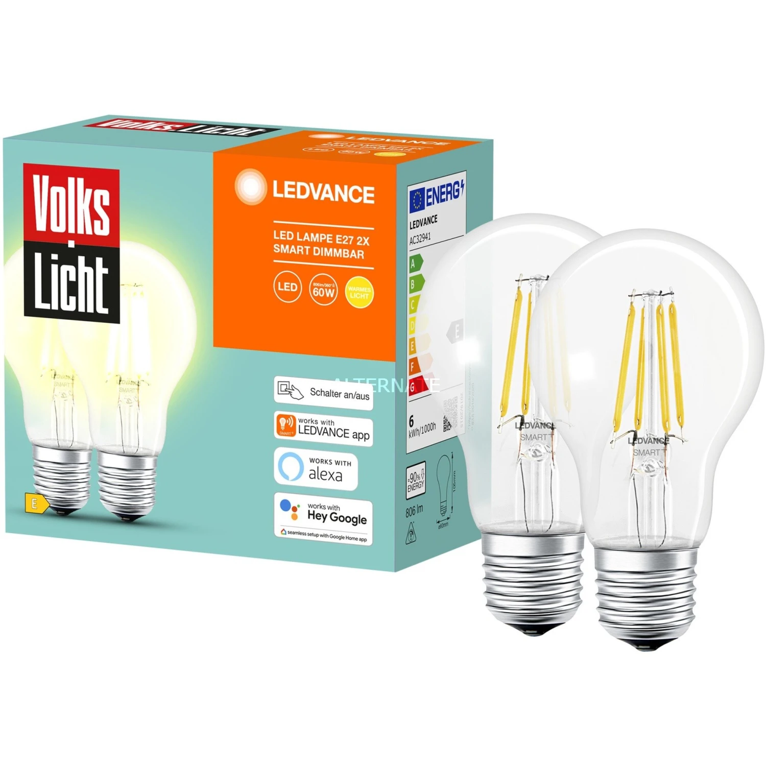 Leuchtmittel LEDVANCE SMART+ BT CLA60 60 6 W/2500K E27, LED-Lampe (2er-Pack, Filament, Bluetooth, Ersetzt 60 Watt)