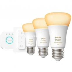Leuchtmittel Philips Hue White Ambiance Starter-Kit E27, LED-Lampe (drei Lampen, Eine Hue-Bridge, Ein Dimmschalter, Ersetzt 60 Watt)