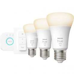 Leuchtmittel Philips Hue White Starter-Kit E27, LED-Lampe (drei Lampen, Eine Hue-Bridge, Ein Dimmschalter, Ersetzt 75 Watt)