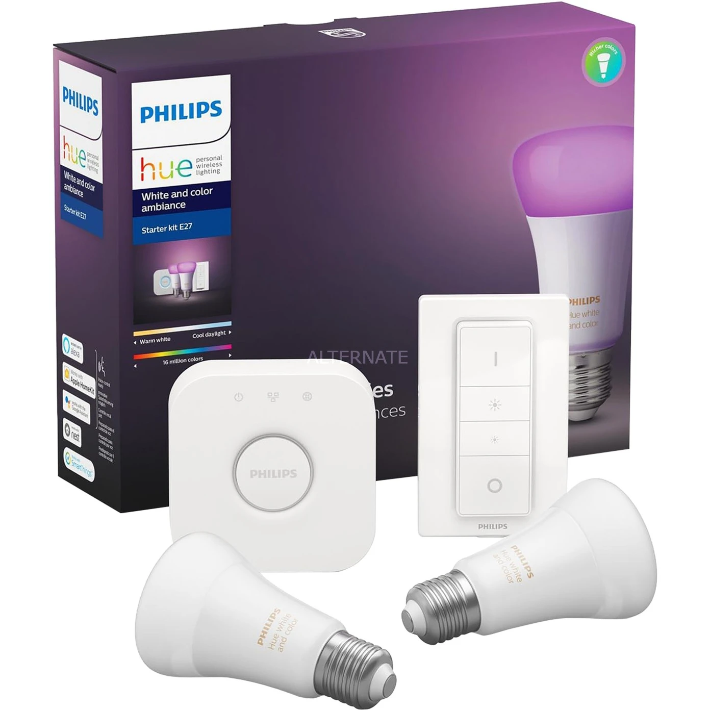 Leuchtmittel Philips Hue White & Color Ambiance Starter-Kit E27, LED-Leuchte (weiß, Zwei Lampen, Eine Hue-Bridge, Ein Dimmschalter, Ersetzt 60 Watt) 2 Leuchtmittel Philips Hue White & Color Ambiance Starter-Kit E27, LED-Leuchte (weiß, Zwei Lampen, Eine Hue-Bridge, Ein Dimmschalter, Ersetzt 60 Watt)